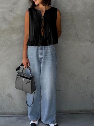 Cicy Bell Womens Bow Front Tie Tank Tops Pleated Babydoll Top Sleeveless Cute Coquette Shirt Summer Outfits3