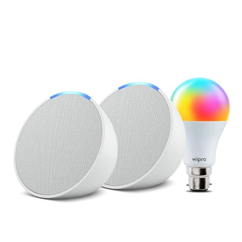 Image of Echo Pop (White) gift twin pack with Wipro 9W LED Smart Color Bulb