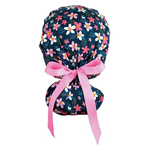 Image of Scrub Cap for Women and Men, Ponytail Scrub Caps, Working Hat, Head Cover with Ribbon Ties and Buttons, Long Hair