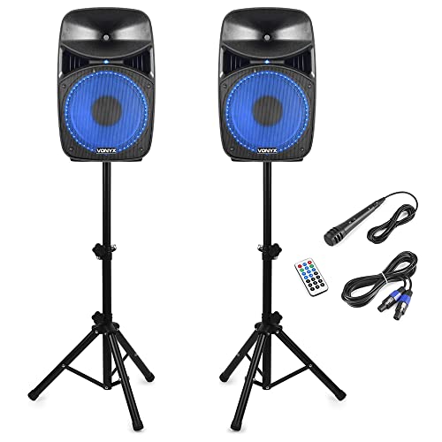 Vonyx VPS122A 12 Bluetooth Active Party Speaker System with LED Lights, Active/Passive Speaker Pair with Speaker Stands & Microphone - Ideal for Home Audio, Parties, DJ Events & Karaoke Nights