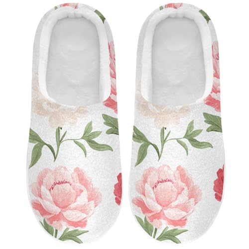 JUNZAN Cute Peonies White Womens Cotton House Slippers Non Skid Memory Foam Ladies Slippers for Indoor Funny Presents 6-7