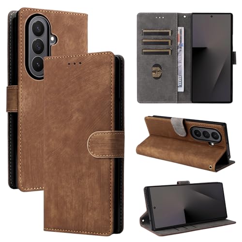 スマホケース 対応機種 for Samsung Galaxy Z Fold7 カードホルダー付きフリップキックスタンド付きスマホケース Brown