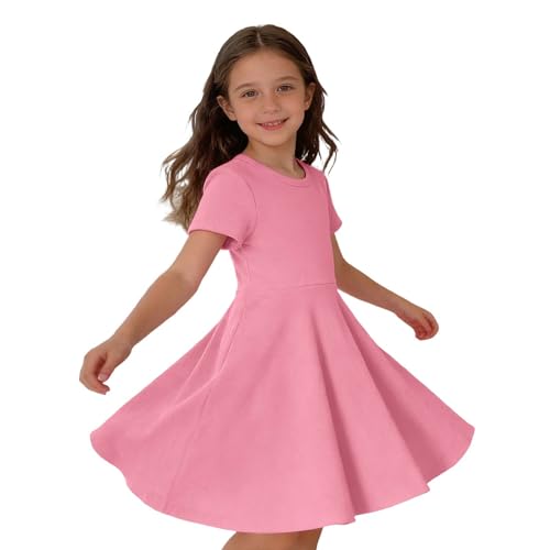Robe fille chic et élégante en maille côtelée rose à manches courtes pour été