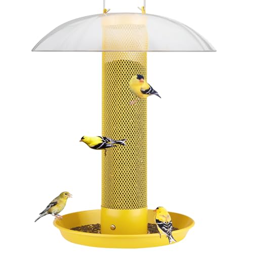 Kingsyard Finch Bird Feeder for Outdoors Hanging, Metal Mesh Tube Bird Feeders for Thistle & Nyjer Seed, Large Removable Tray & Rainproof Dome, 2.5 lbs Seed Capacity, Yellow