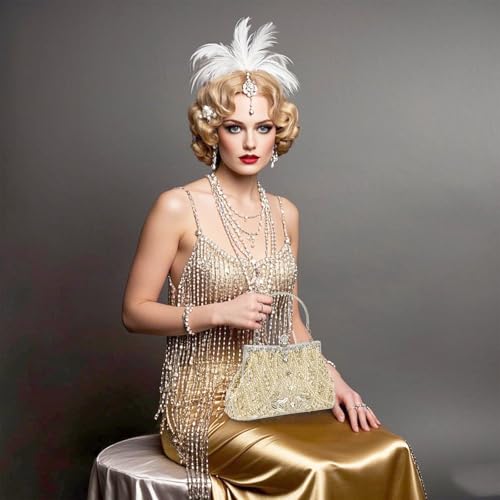 Image of WRINGKIT 1920s Vintage Evening Bag, Champagne Beaded Clutch Purse for Woman, Elegant Rhinestone Clutch Crossbody Bag with Sequin Pearl, Evening Handbag Shoulder for Formal Bridal Wedding Party Prom