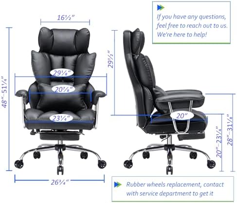 Efomao Big and Tall Office Chair with Foot Rest 400LBS, PU Leather Computer Chair, Heavy Duty Executive Office Chair with Lumbar Support, Black Home Office Chairs - 2