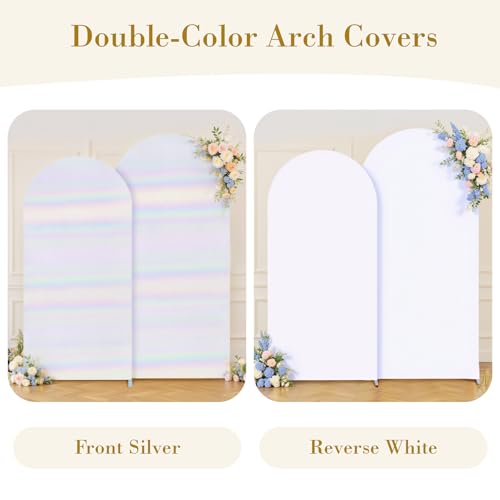 Image of Rainbow White Arch Covers 7.2 and 6ft Sequin Sparkly Birthday Party Arch Backdrop Covers Set of 2 Spandex Shimmer Balloon Arch Stand Cover for Wedding Bridal Shower Baby Shower Photo Arches Background