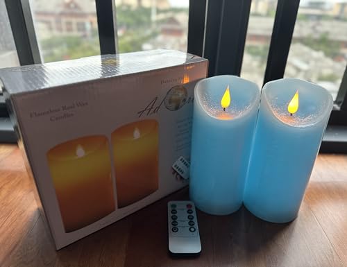 Image of Adoria Large Blue Flameless Candles Set 2- Real Wax Candles with 3D Flame-Ocean Scented-Dia 3.15x 7 Inch for Home Decor. Party, Camping,Ambiance Lighting