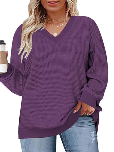 Image of DOLNINE Plus-Size-Tops for Women Casual V Neck Pullover Cute Waffle Knit Lantern Sleeve Sweaters Fashion Side Split Tunics