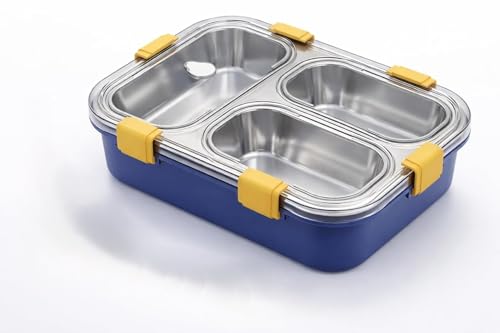 Image of KEMETHY Stainless Steel Lunch Box, 3 Compartment, Insulated, Airtight, Leak Proof, BPA Free (Navy Blue, Yellow, Silver)