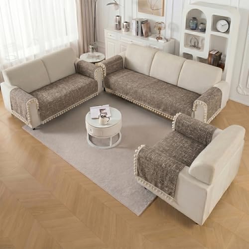 Image of Story@Home Chenille Sofa Mat for Single Sofa Cover (76x61Cm) & Arm Rest Covers | Anti Slip Cover for 1 /2 /3 Seater & L Shape Sofa Cover - Caramel & Cream