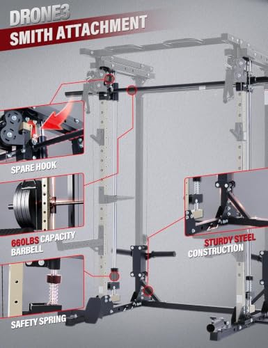 Image of MAJOR FITNESS Drone3 Smith Machine, 2500lbs All-in-One Home Gym Power Rack with Dual Pulley System for Cable Crossover, Pull-Up Bars