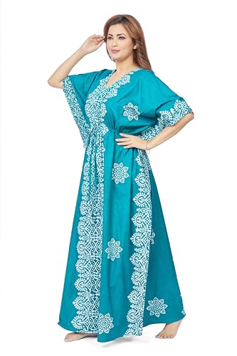 Image of THEKAFTANSHOP Women's Cotton Hand Dyed Batik Kaftan Nighty With Drawstring Waist | V-Neck Printed Free Size Relaxed Fit Casual Sleepwear Loungewear Nightwear Kaftan Dress Gift (Green Motif)