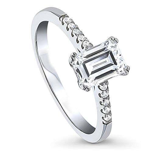 BERRICLE Valentines Day Gift Rhodium Plated Sterling Silver Solitaire Promise Engagement Ring Made with Swarovski Zirconia Emerald Cut 1.1 CTW Size 5