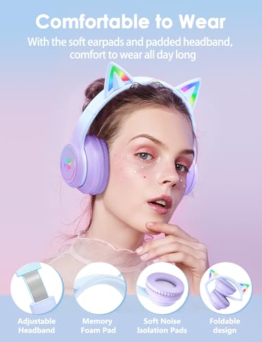 Image of Cat Ear Bluetooth Headphones for Kids & Adults, 55H Play Time, Wireless Foldable & Wired Multi-Function LED Light Up Over Ear Headphones with Mic and Volume Control for iPhone /iPad /Laptop /PC
