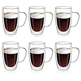MEWAY 16oz/6 pack Coffee Mugs, Thickened Clear Glass Double Wall Cup with handle for Coffee, Tea, La