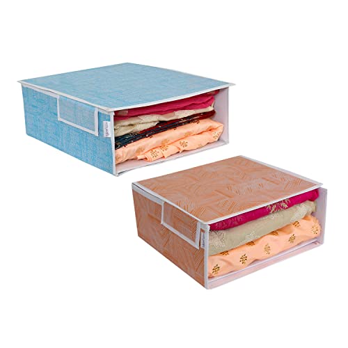 Image of PRETTY KRAFTS Stackable Fabric Saree Storage Organizer for wardrobe, Clear front window with Lid, Stackable organizers, Perfect to organize sarees in a wardrobe, Set of 2, JuteBlueOrangeGrey