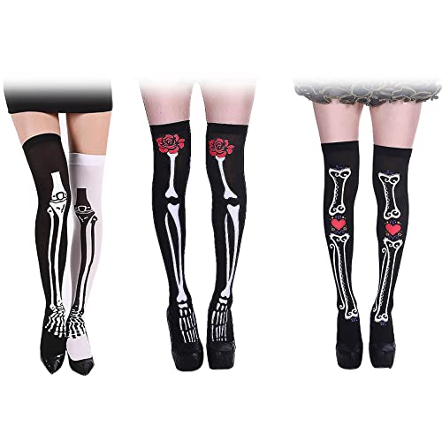 SYJY 3 Paires de Chaussettes d'halloween Ensemble Cosplay os Impression Bas de Jambe Chaussettes Hautes (Motif d'os) Accessoires d'halloween Cover