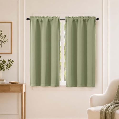 Image of Sage Green Short Blackout Curtains for Bedroom 45 Inches Long 2 Panels Set, Solid Thermal Insulated Blackout Curtains, Energy Saving Soft Fabric Window Drapes, Dual Rod Pocket, 2x40Wx45L Inches