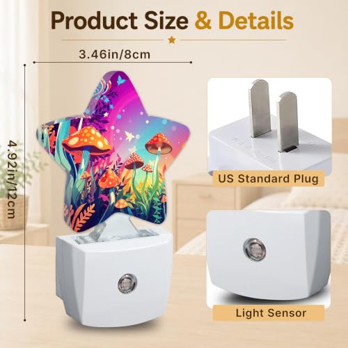 Image of Magic Mushrooms Star Night Light Plug in, Decorative Night Light for Kids Room Nursery Bedroom, Soft Glow Sensor Lamp for Hallway Bathroom, Compact Energy Saving
