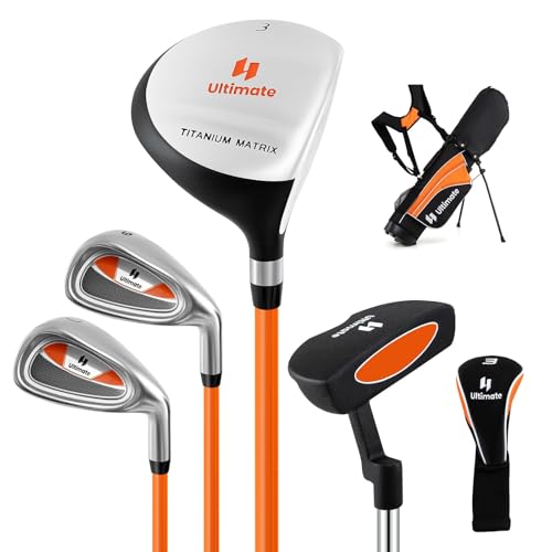 COSTWAY 5-teiliges Kinder Golfschläger Set Golf Set Rechtshänder mit 3 Fairway 7/9 Eisen Putter Regenhaube & Golftasche Golfschlägersätze für Kinder von 8-10 Jahren (Orange)