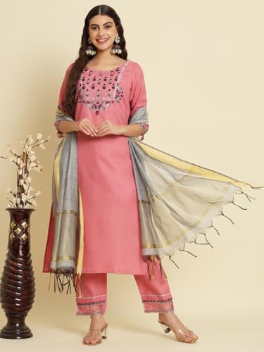 Image of VredeVogel Women's Cotton Blend Kurta Pant Set with Chanderi Silk Dupatta