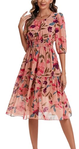 Image of Kormei Women Casual Boho Floral Round Neck 3 /4 Sleeve Smocked Waist Tiered A Line Flowy Swing Midi Dress Long Dresses