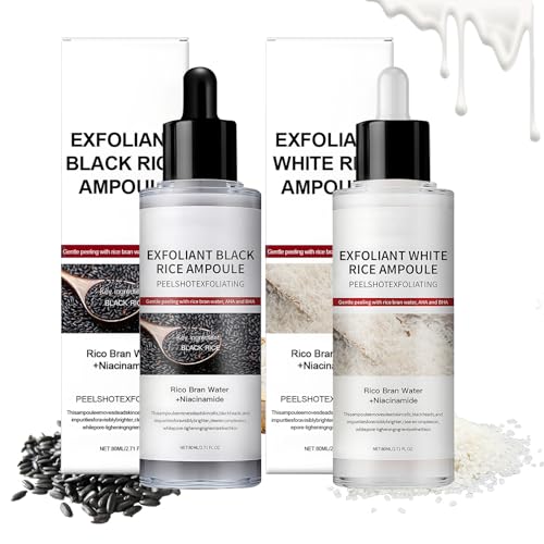 Peel Shot Glow Rice Ampoule Duo, Black and White Rice Solución Exfoliant, Peeling Visage White y Black Rice Ampoule, Apertura de Poros, Exfoliación Suave, Eliminador de Puntos Negros, 2 * 80ML