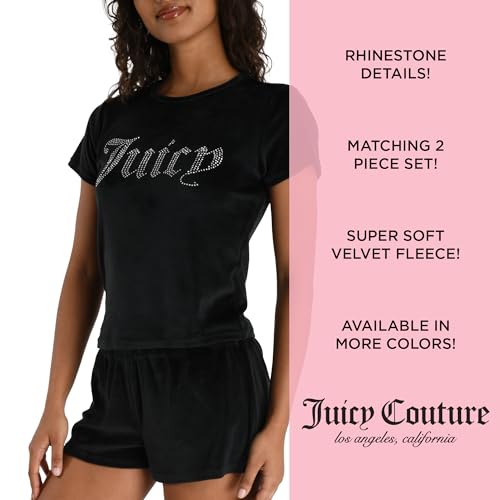 Image of Juicy Couture Women's 2 Piece Velvet Fleece Short Sleeve Shirt and Pajama Shorts Lounge Sleepwear Set