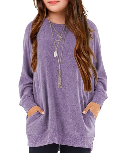Image of Girls Shirts for 6-13 Years Long Sleeve Crewneck Tops with Pockets