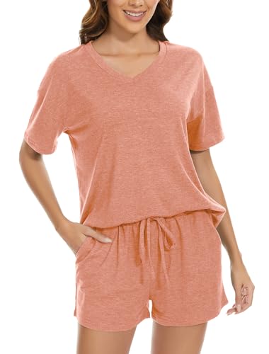 LOCUBE Women's Pajama Set Short Sleeve V-Neck & Pocketed Drawstring Shorts, Comfy Summer Lounge Set, S-XXL