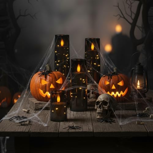Image of Raycare Flameless Candle with Remote Timer - 5 Flickering Acrylic Battery Operated LED Pillar Candles with Embedded Star String for Halloween, Home Decor, and as a Gift(Black)