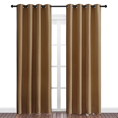 Image of NICETOWN Sleek Blackout Curtains 86 inches Length for Small Windows, Noise Reducing and Block Draft Panels for Door Doorway Laundry Office Luxury Decor Theme (2 Panels, Gold Brown, W55 x L86 -Inch)