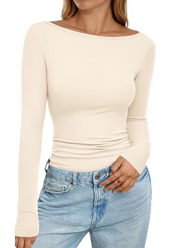 PRETTYGARDEN Long Sleeve Shirts for Women 2026 Fall Boat Neck Ribbed Knit Ruched Spring Going Out Tops Casual Basic Tees (Beige,Medium)