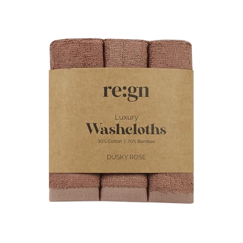 REGN Luxury Bamboo Face Cloths 500GSM - Ultra Soft Thick Wash Cloths for Daily Cleansing and Makeup Removal Durable Bamboo and Cotton Blend Set for Skincare Use - 26 x 26 cm 3 Pack (Dusky Rose)