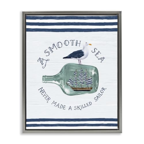'Ship In Bottle Seagull Striped Nautical Phrase'| Floating Frame Canvas Art