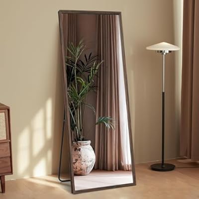 TheiaMo 65"×22" Wooden Full Length Mirror, Floor Mirror with Standing Holder Leaning/Hanging Mirror Wood Frame Large Wall-Mounted Mirror for Bedroom/Living Room, Brown Wood