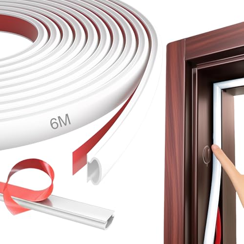 Joint Porte Fenêtre Isolant Froid et Phonique, 6M Joint Porte Caoutchouc Autocollant, Bande d’étanchéité en PVC, Résistant Aux Intempéries, Poussière, Phonique D-Profil. (Blanc)