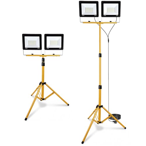JoyCushy Work Light, 200W LED 2 Adjustable Head Floodlight with Stand, 21000 Lumen, 169.5cm Cord Individual Switch IP66 Waterproof Foldable Tripod for Indoor Outdoor Job Site Workshop Garage