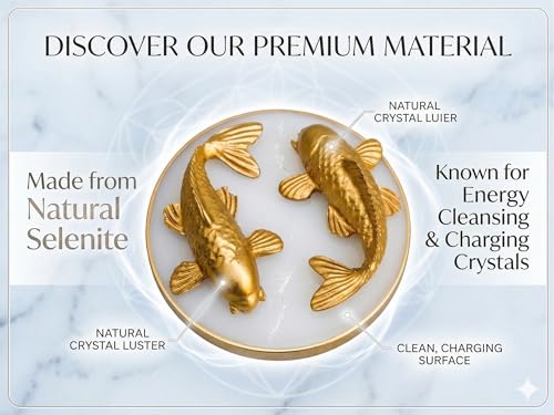 Image of Koi Fish Karma Chakra Selenite Plate with 2 Golden Koi Fish for Wealth and Good Luck | Natural Selenite Energy Charging Plate for Vastu Feng Shui Spiritual Home Decor Gift