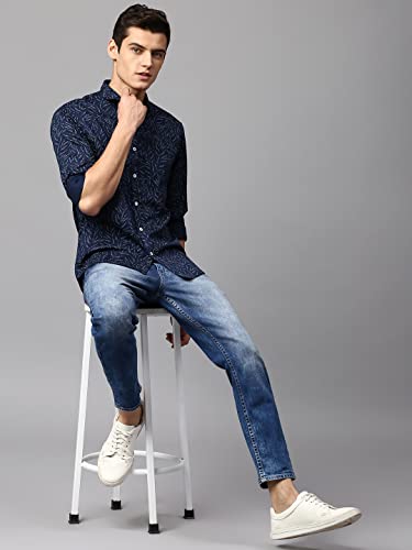 Image of Dennis Lingo Men's Navy Slim Fit Cotton Casual Shirt