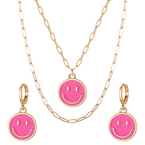 14K Gold Paperclip Chain Layered Necklace,Cute Smiley Face Multi layer Pendant Necklace Enamel Happy Face Dainty Choker Necklaces for Women Girls