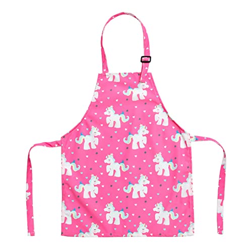 TOPWAYS Cartoon Canvas Kids Aprons, Adjustable Neck Children's Apron for Cooking Baking Painting Wear (pink unicorn apron)