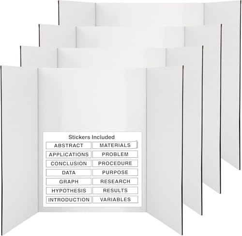 Enday Trifold Poster Board 36 x 48 (Pack of 4) White Presentation Boards Project Boards for Science Fair, Self-Adhesive Science Subtitles Included, for School and Office