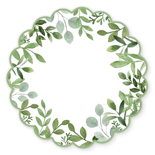 JarThenaAMCS 25 Pack Greenery Paper Place Mats Green Eucalyptus Leaves Placemats 13 Inch Spring Scalloped Paper Table Mats for Wedding Bridal Shower Dinner Table Setting