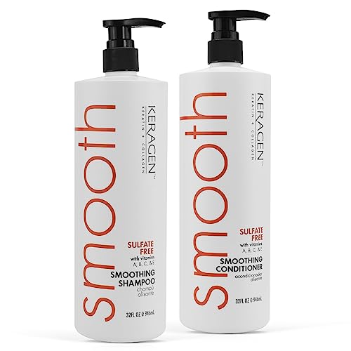 Keragen - Smoothing Shampoo and Conditioner with Keratin and Collagen for All Hair Types, Sulfate Free, 32 Oz - Moisturizes, Strengthens, Protects Color and Repair - Panthenol