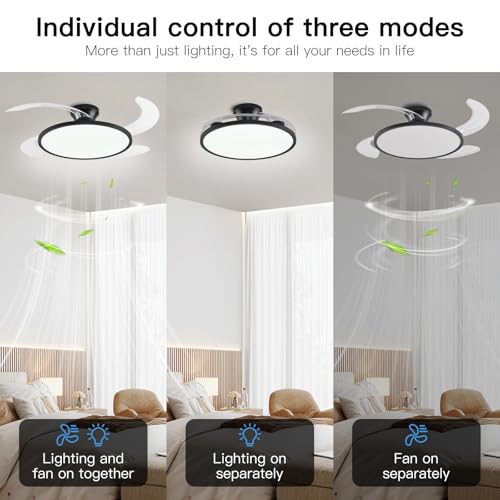 AHAWILL Retractable Ceiling Fan with Lights Remote Control,42'' Low Profile Ceiling Fan with Retractable Blades,Dimmable Full Spectrum,Modern Fandelier for Living Room Dinning Room Bedroom,Black thumbnail 2