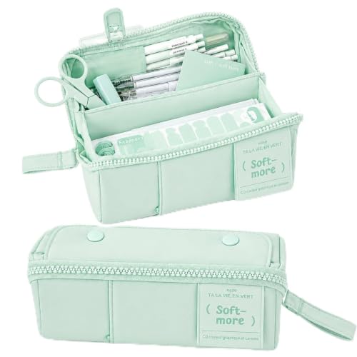 Image of WORSHIPER Multi-Functional Soft Pencil Case for Girls | Large Capacity Zipper Pouch with Multiple Compartments | Aesthetic Stationery Organizer for School, College & Office (Soft More Green)