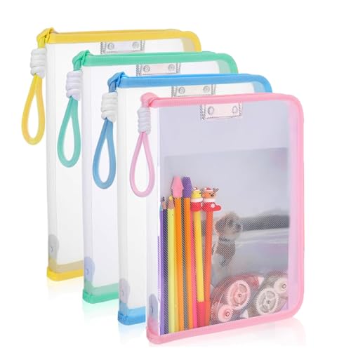 Azonee 4 Pack A4 Mesh File Bags with Zipper and Handle, Clear Waterproof Organizer Folder Pouches with Metal Clamp Clips, Document Storage for School, Office, and Home