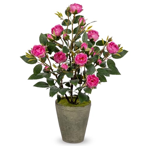 Briful Künstliche Blumen Kunstrosen Kunstblumen Wie Echt Rosa Dekoblumen Rosenbusch Höhe 38 cm, im Zememttopf Klein Kunstblumen Deko für Bad Büro Hotel Restaurant